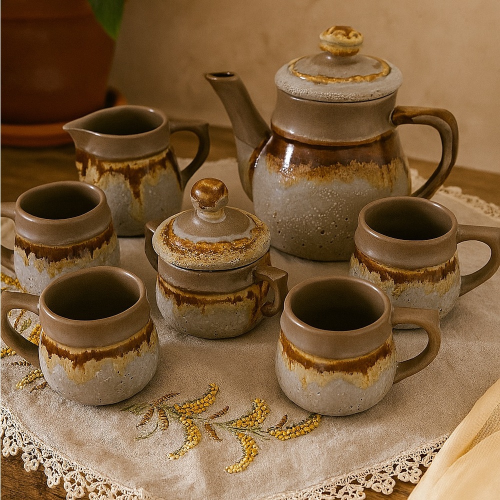 Vintage Tundra Pottery Canada Tea Set – 7 Piece Rustic Stoneware (1970s–80s)